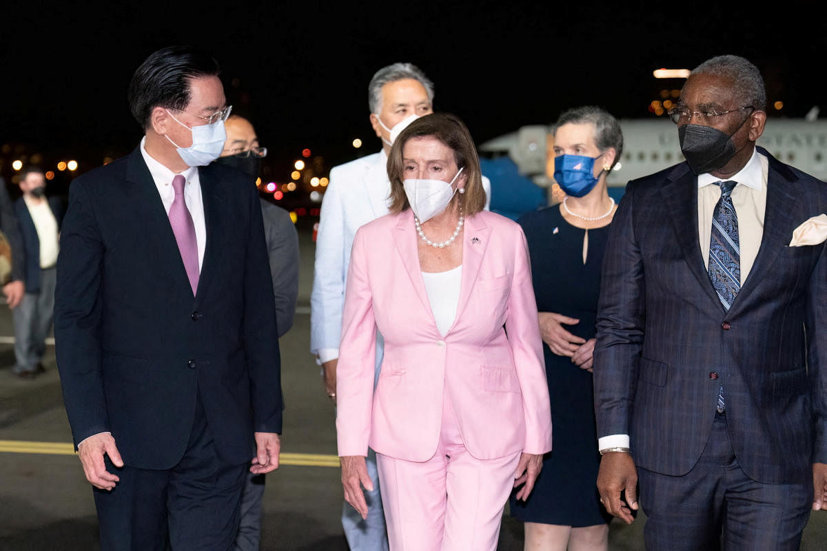 Taiwan Foreign Minister Joseph Wu welcomes US House of Representatives Speaker Nancy Pelosi at Taipei Songshan Airport in Taipei. Credit: Reuters Photo