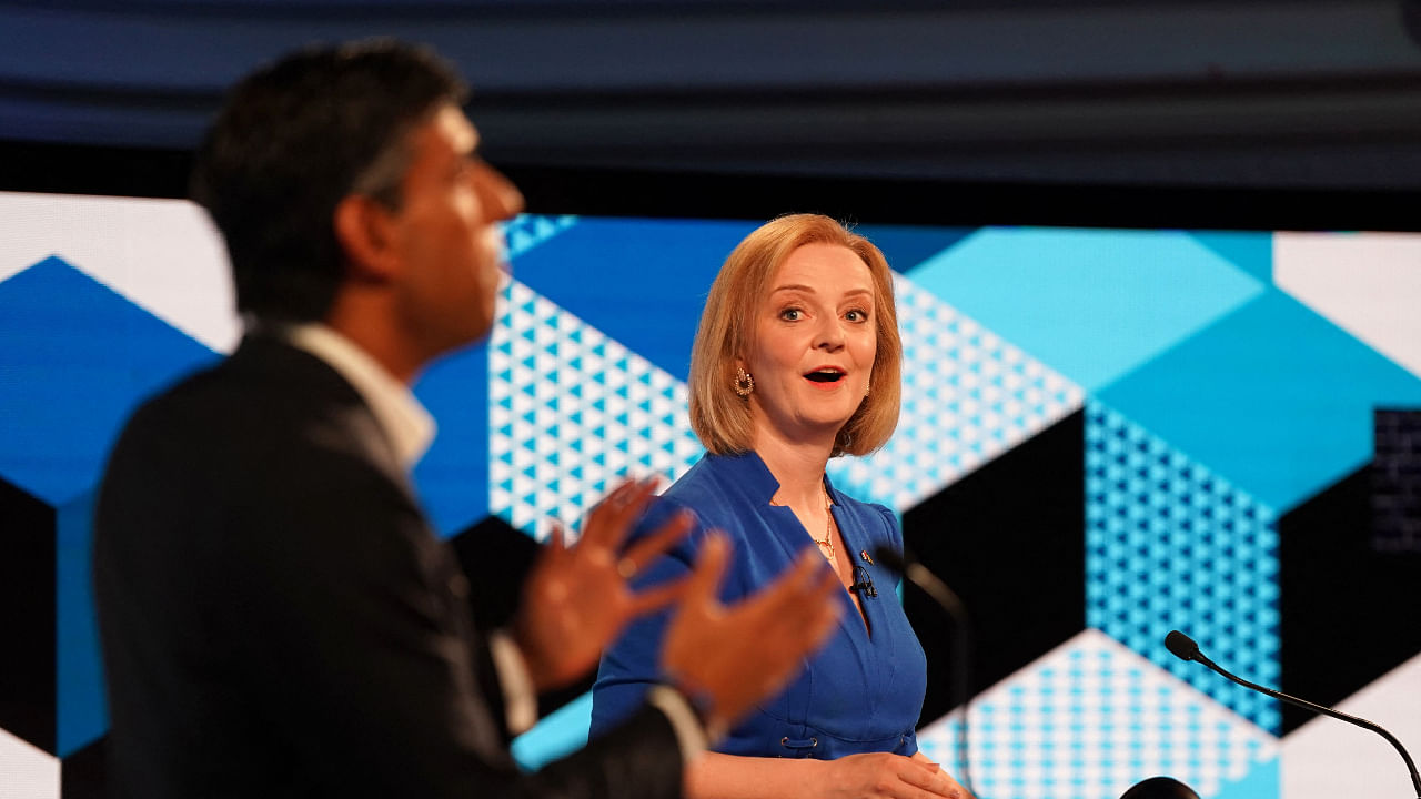 Liz Truss (right) and Rishi Sunak (left) take part in the BBC's 'The UK's Next Prime Minister: The Debate', July 25, 2022. Credit: AFP File Photo