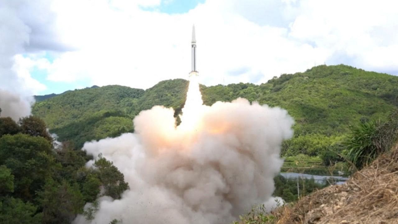 The Rocket Force under the Eastern Theatre Command of China's People's Liberation Army (PLA) conducts conventional missile tests into the waters off the eastern coast of Taiwan, from an undisclosed location in this handout released on August 4, 2022. Credit: Eastern Theatre Command/Handout via Reuters