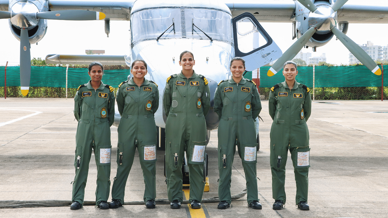  Five officers of Indian Navy's INAS 314 based at Naval Air Enclave, Porbandar, pose for photos after they completed the first all-women independent maritime reconnaissance and surveillance mission. Credit: PTI Photo
