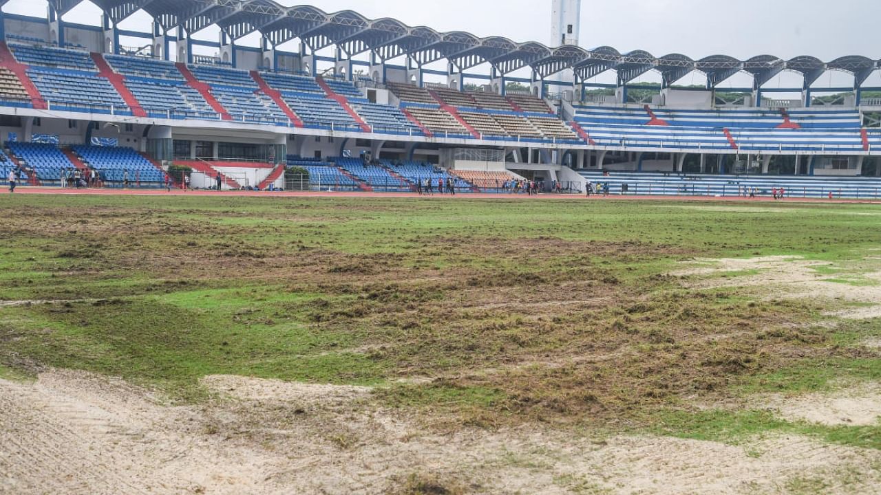 The field at Sree Kanteerava Stadium undergoing maintenance work. Credit: DH Photo/ SK Dinesh