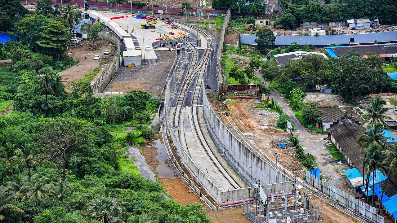 Aerial view of the Metro-3 car shed project at Aarey Colony. Credit: PTI Photo