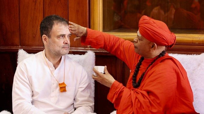 Rahul’s Lingayat outreach is an extension of the Congress’ bid to make inroads into the community which moved away from the party after the ouster of Veerendra Patil by his father, Rajiv Gandhi. Credit: IANS Photo