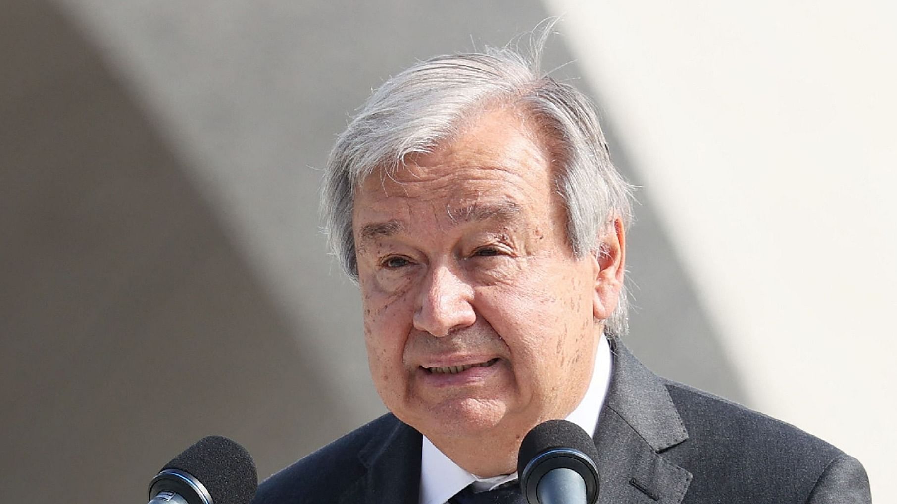 UN Secretary General António Guterres speaks during the annual memorial ceremony at the Hiroshima Peace Memorial Park in Hiroshima on August 6, 2022, to mark 77 years since the world's first atomic bomb attack. Credit: JIJI PRESS / AFP / Japan OUT Photo