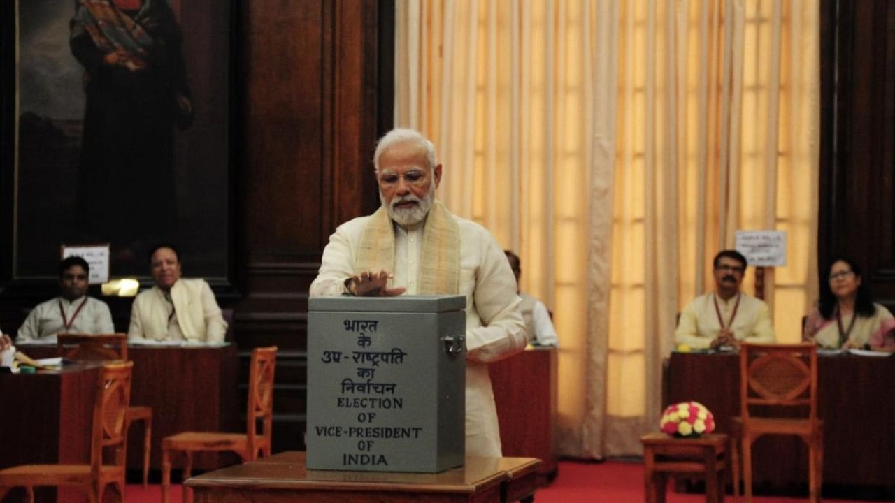 Prime Minister Narendra Modi casts his vote for the Vice Presidential election. Credit: IANS Photo