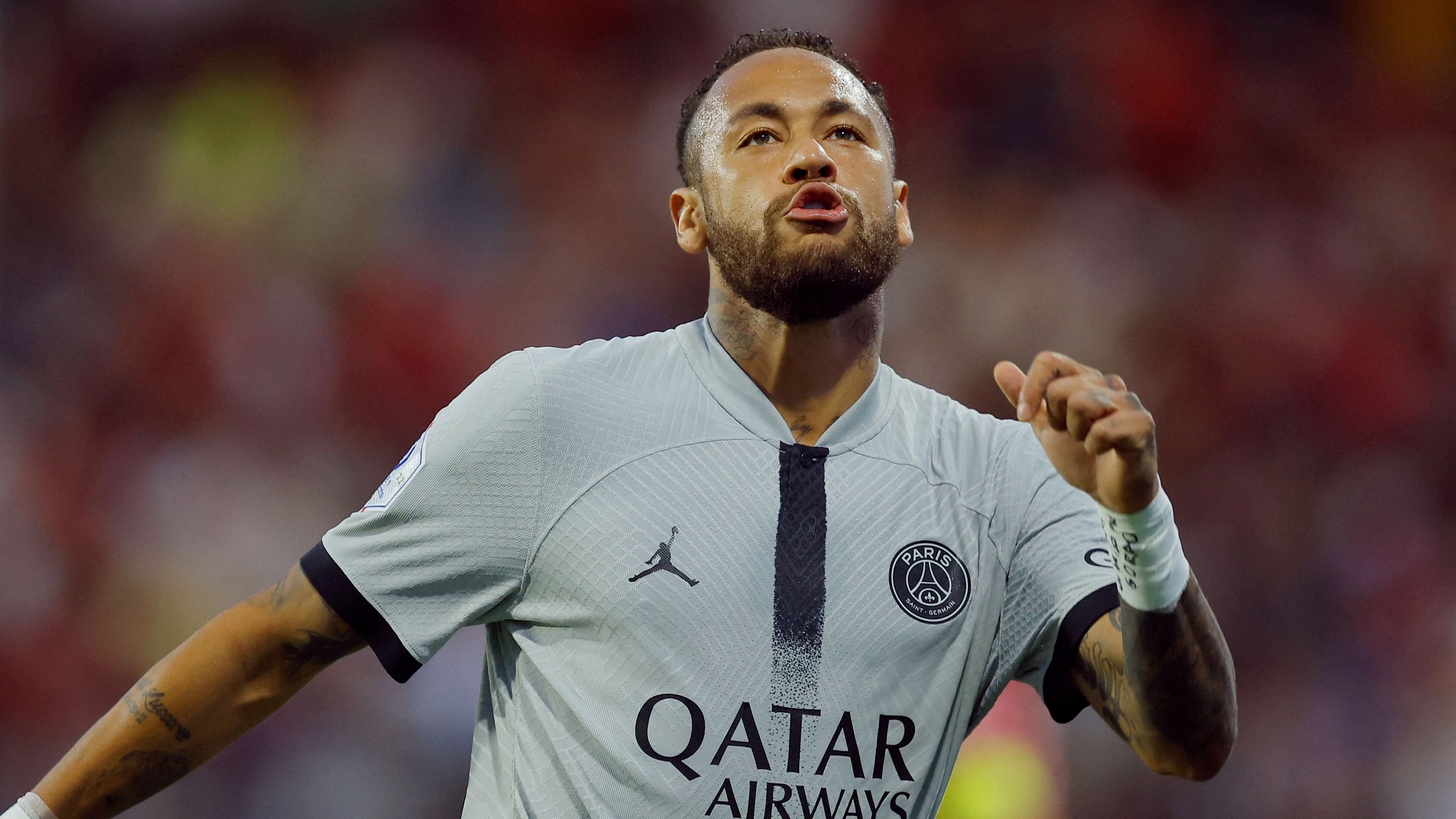 Paris St Germain's Neymar celebrates scoring their first goal. Credit: Reuters Photo