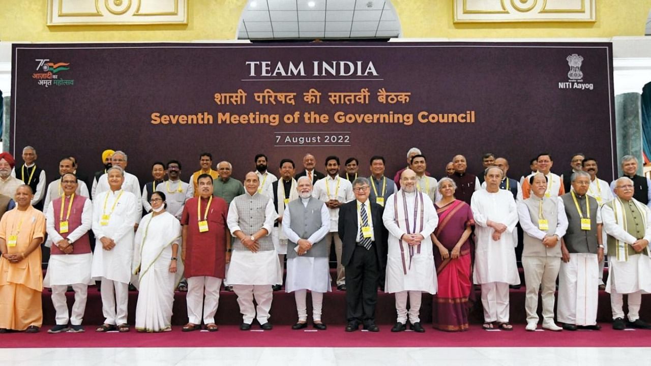 Prime Minister Narendra Modi and other Ministers and Chief Ministers of States/UTs at the 7th Governing Council meeting of NITI Aayog at Rashtrapati Bhawan Cultural Centre. Credit: PTI Photo