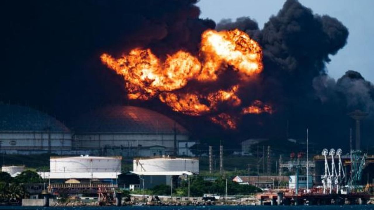 View of the massive fire at a fuel depot, sparked overnight by a lightning strike, in Matanzas, in western Cuba, taken on August 6, 2022. Credit: AFP Photo