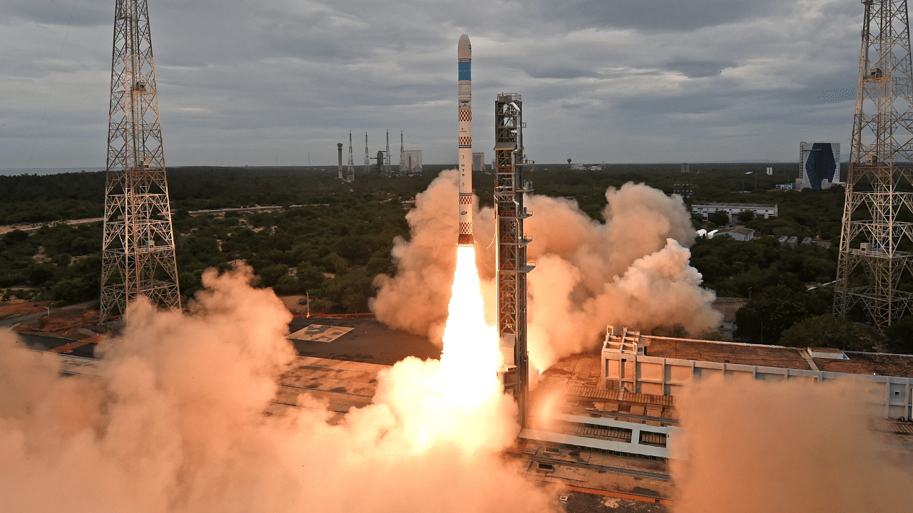 ISRO's new offering Small Satellite Launch Vehicle (SSLV) during its launch from the Sathish Dhawan Space Centre, in Sriharikota. Credit: PTI Photo