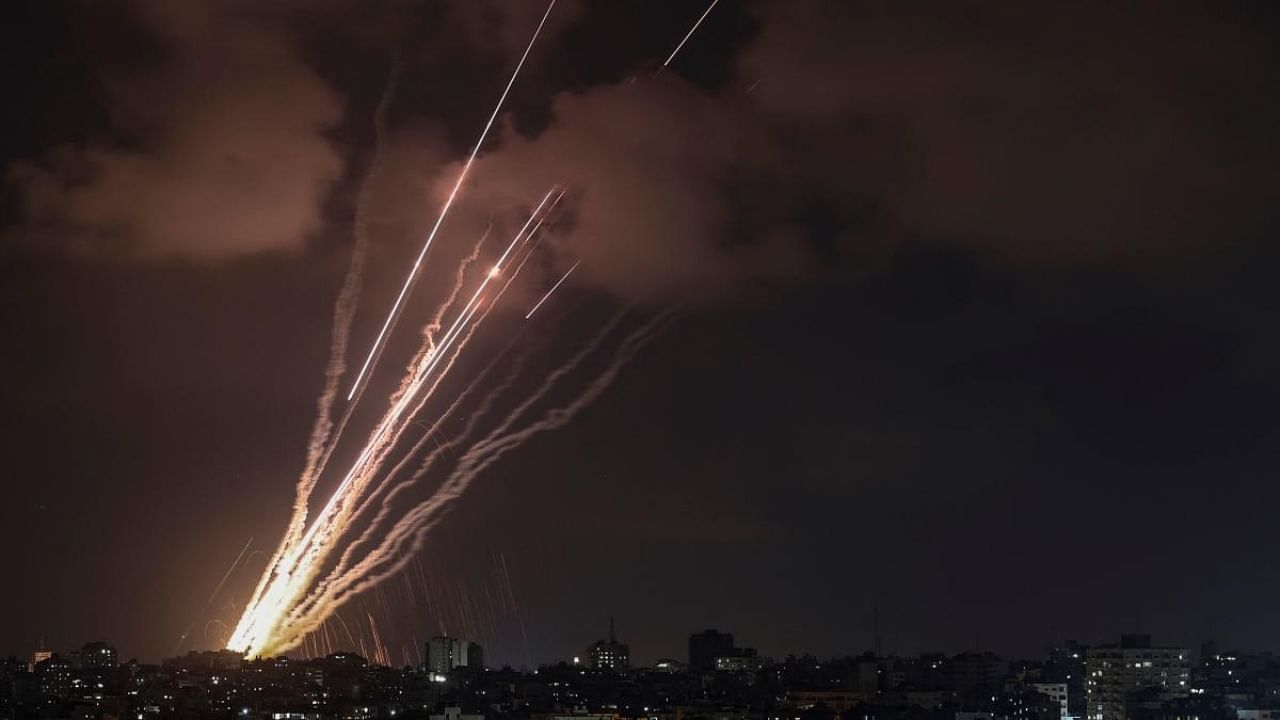 A salvo of rockets is fired from Gaza City toward Israel, on August 6, 2022. Credit: AFP Photo