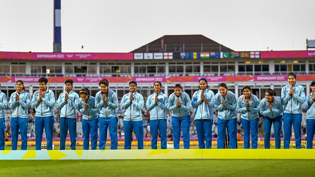 Indian women's cricket team players gesture during the medal ceremony at the Commonwealth Games 2022, Edgbaston Cricket Ground in Birmingham, UK. Credit: PTI Photo