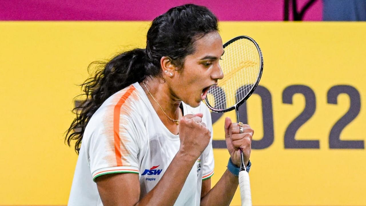 P V Sindhu reacts after winning the Women's Singles Final Badminton match against Canada's Michelle Li at the Commonwealth Games 2022 (CWG), in Birmingham, UK, Monday, Aug. 8, 2022. Credit: PTI Photo