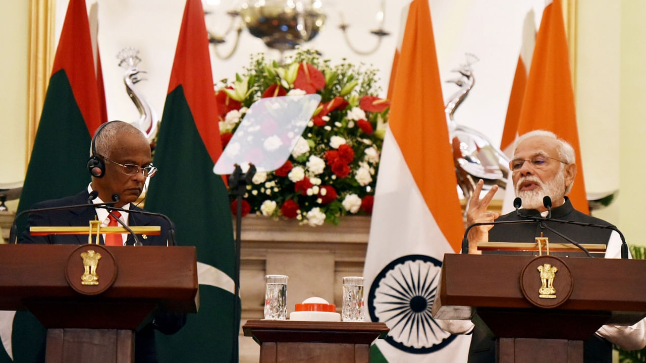 Prime Minister Narendra Modi and Maldives President Ibrahim Mohamed Solih during a joint press statement at Hyderabad House in New Delhi on Tuesday, August 2, 2022. Credit: IANS Photo 