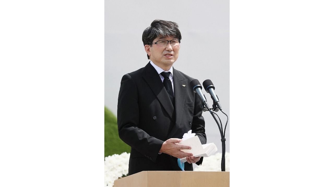 Nagasaki Mayor Tomihisa Taue reads out the Nagasaki Peace Declaration and calls for the abolition of nuclear weapons during a memorial ceremony at the Peace Park in Nagasaki on August 9. Credit: AFP Photo