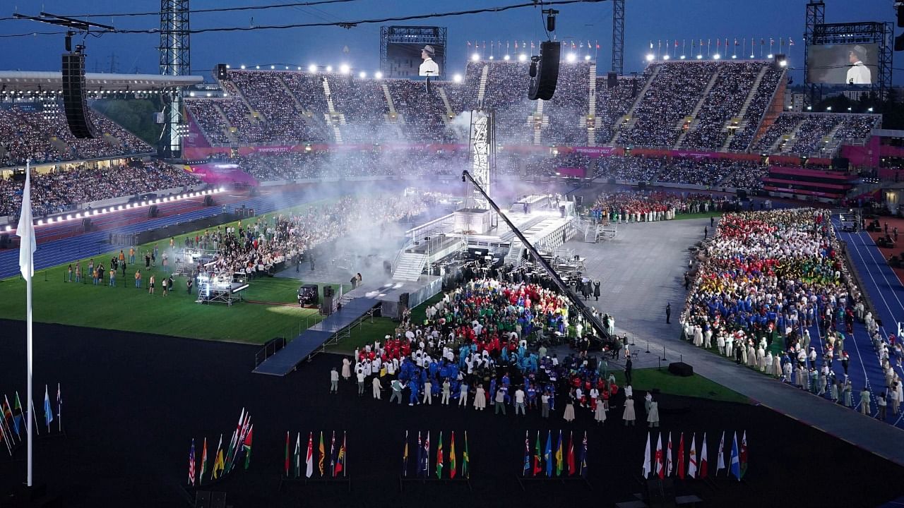 The competing nations gather during the Closing Ceremony for the Commonwealth Games at the Alexander Stadium in Birmingham, England, Monday Aug. 8, 2022. Credit:AP/ PTI Photo