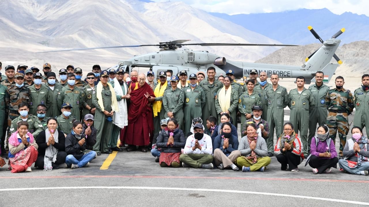 The 14th Dalai Lama flew onboard a Dhruv helicopter of the Indian Air Force (IAF) from Leh to a 15th-century monastery located near Lingshed, one of the remotest villages of the Union Territory of Ladakh. Credit: PRO Defence Srinagar