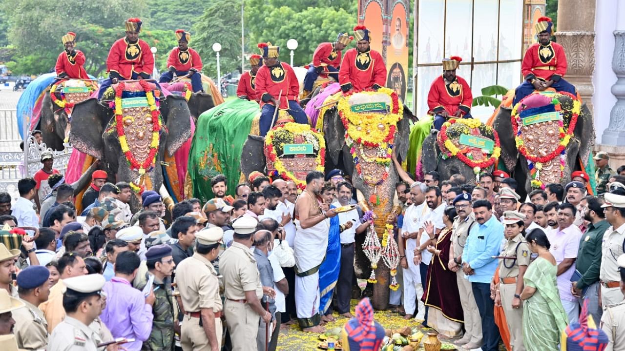 Dasara elephants, led by howdah elephant Abhimanyu, enter Mysuru Palace premises, in Mysuru, on Wednesday. District in-charge Minister S T Somashekar, MLAs S A Ramadass and L Nagendra are seen. Credit: DH Photo
