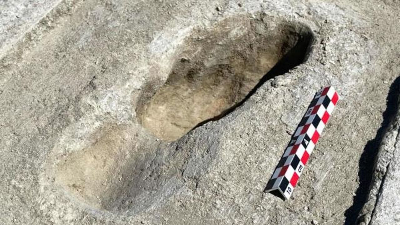 This handout image released by Dr. Daron Duke, an archaeologist from Far Western Anthropological Research Group, shows a footprint from the Ice Age discovered on an archaeological site in the southern Great Salt Lake Desert on the Utah Test and Training Range, about 80 miles west of Salt Lake City, on July 18, 2022. Credit: AFP Photo