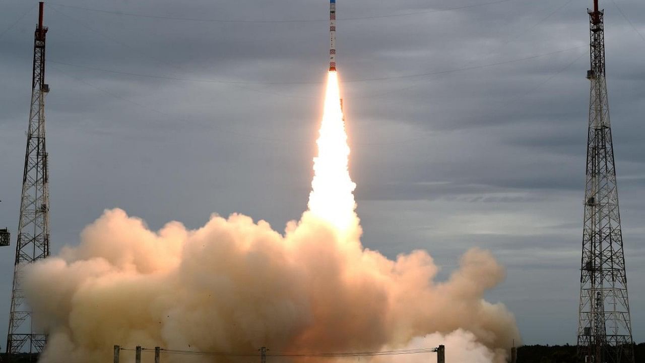 ISRO's new offering Small Satellite Launch Vehicle (SSLV) during its launch from the Sathish Dhawan Space Centre, in Sriharikota, August 7, 2022. Credit: PTI File Photo