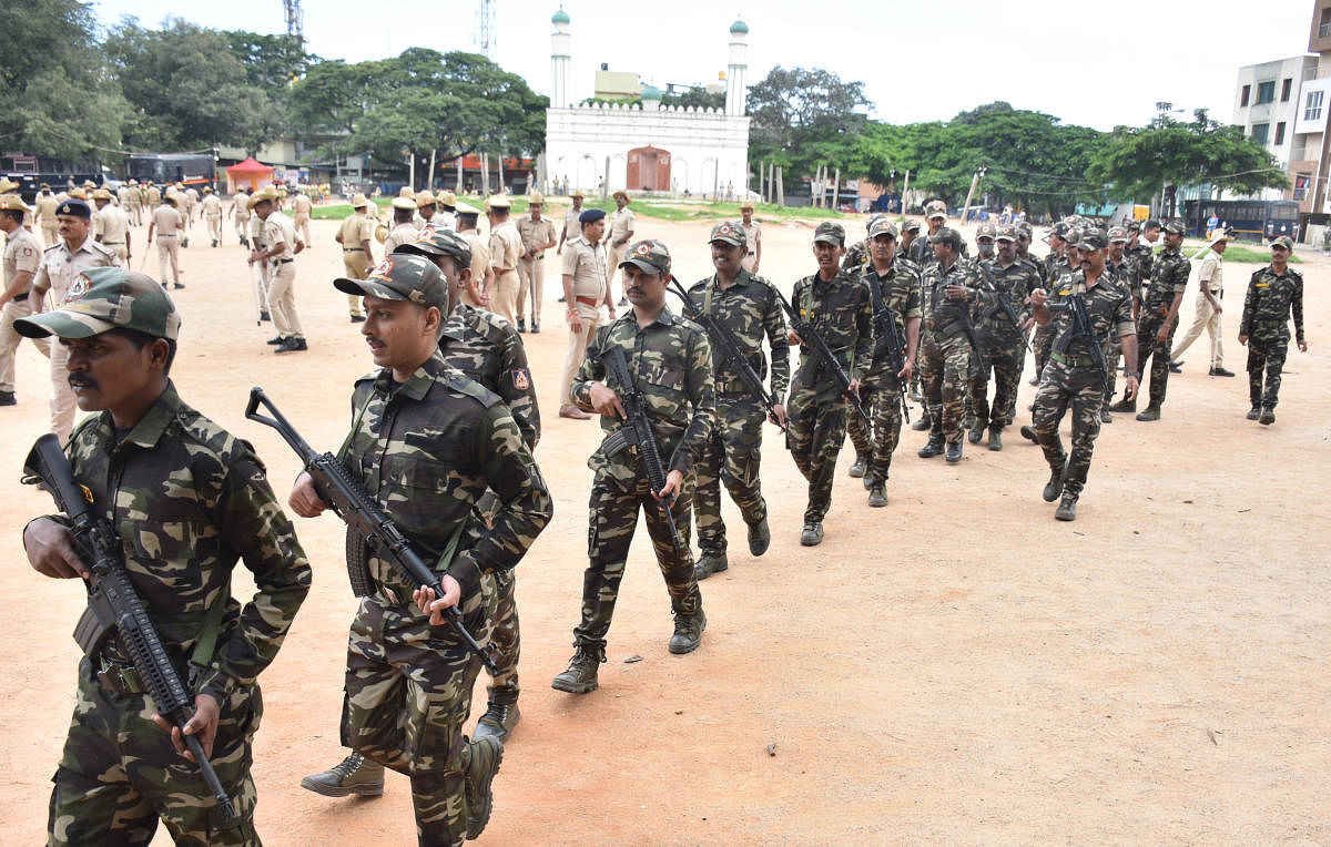 Bengaluru police have beefed up security around the Idgah Maidan. Credit: DH Photo