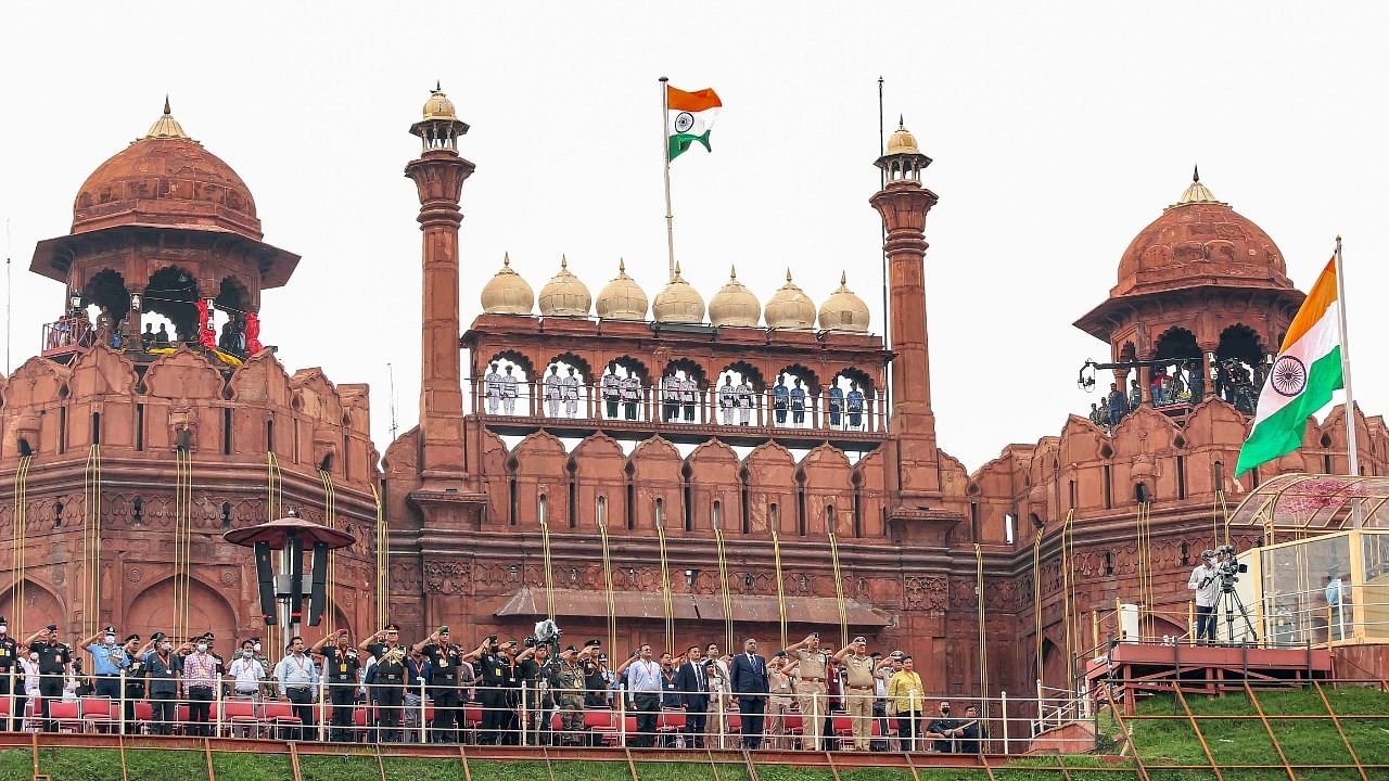 Full dress rehearsal for the 76th Independence Day, at Red Fort. Credit: PTI Photo