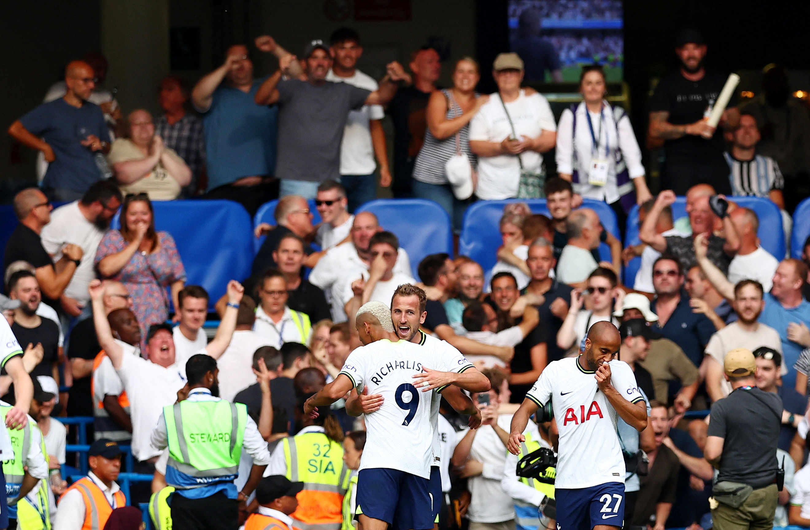 Tottenham Hotspur's Harry Kane celebrates scoring their second goal with Richarlison. Credit: Reuters Photo