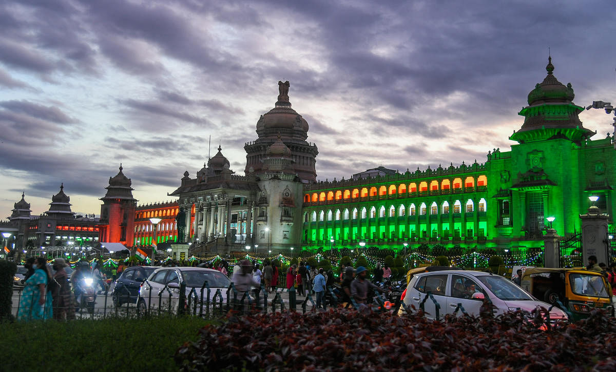 The Vidhana Soudha illuminated with colours of the national flag in Bengaluru. Credit: DH Photo