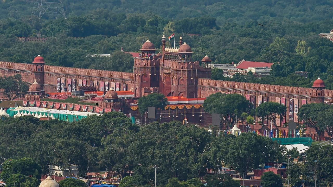 Decorations at the Red Fort for the 76th Independence Day ceremony. Credit: PTI Photo