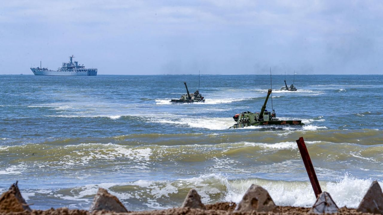 Amphibious armoured vehicles under Chinese People's Liberation Army (PLA) Eastern Theatre Command take part in an assault wave formation training exercise. Credit: Reuters Photo