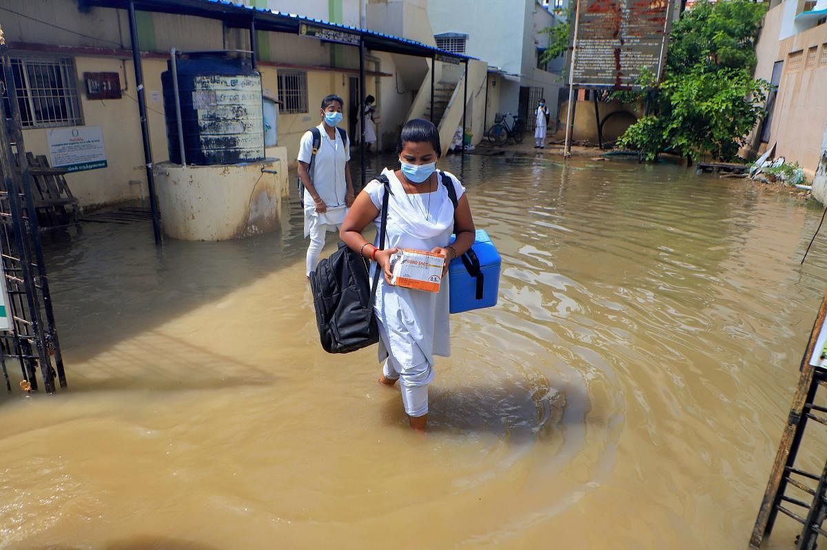 A flooded Primary Health Centre (PHC) in Katpadi following incessant rains, in Vellore. PTI PHOTO