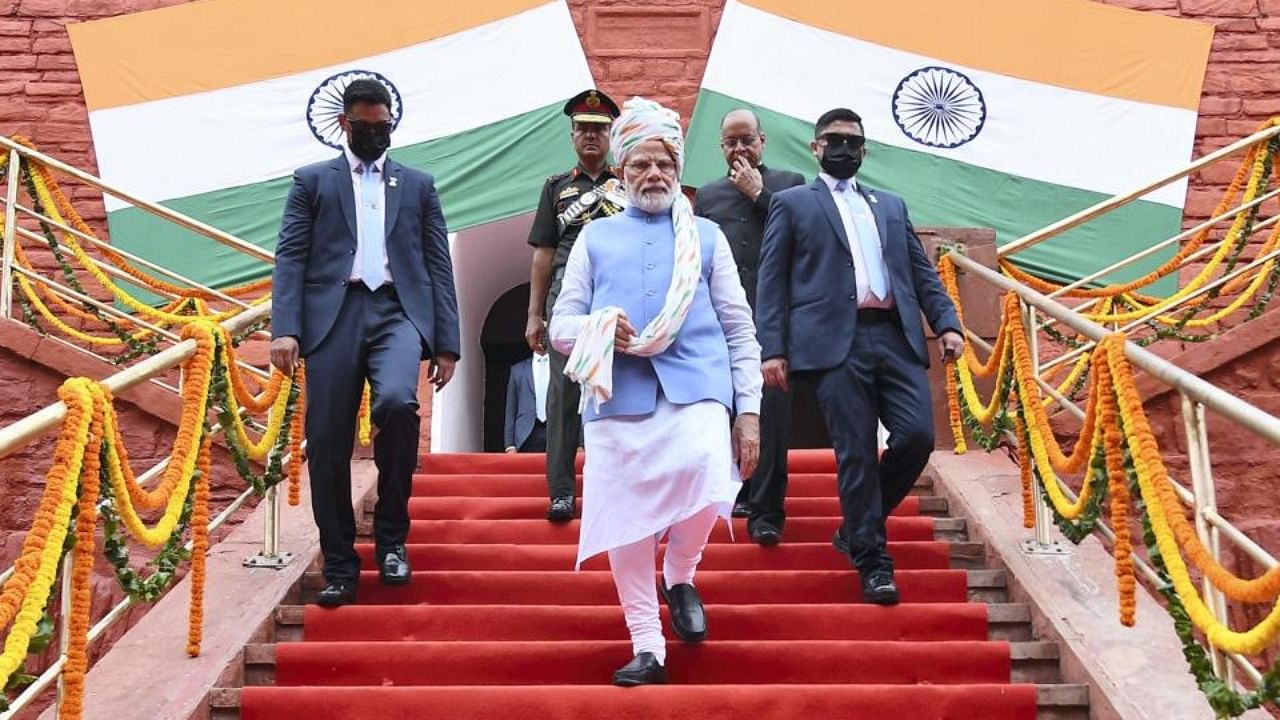 Prime Minister Narendra Modi leaves after addressing the nation on the occasion of the 76th Independence Day, at the Red Fort in New Delhi, Monday, Aug 15, 2022. Credit: PTI Photo