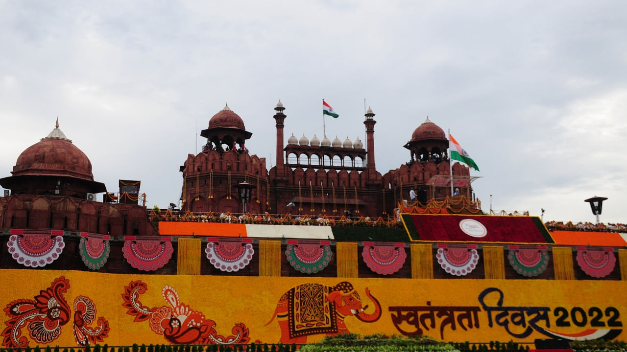 A view of the Red Fort decorated with flowers on the occasion of 76th Independence Day. Credit: IANS Photo