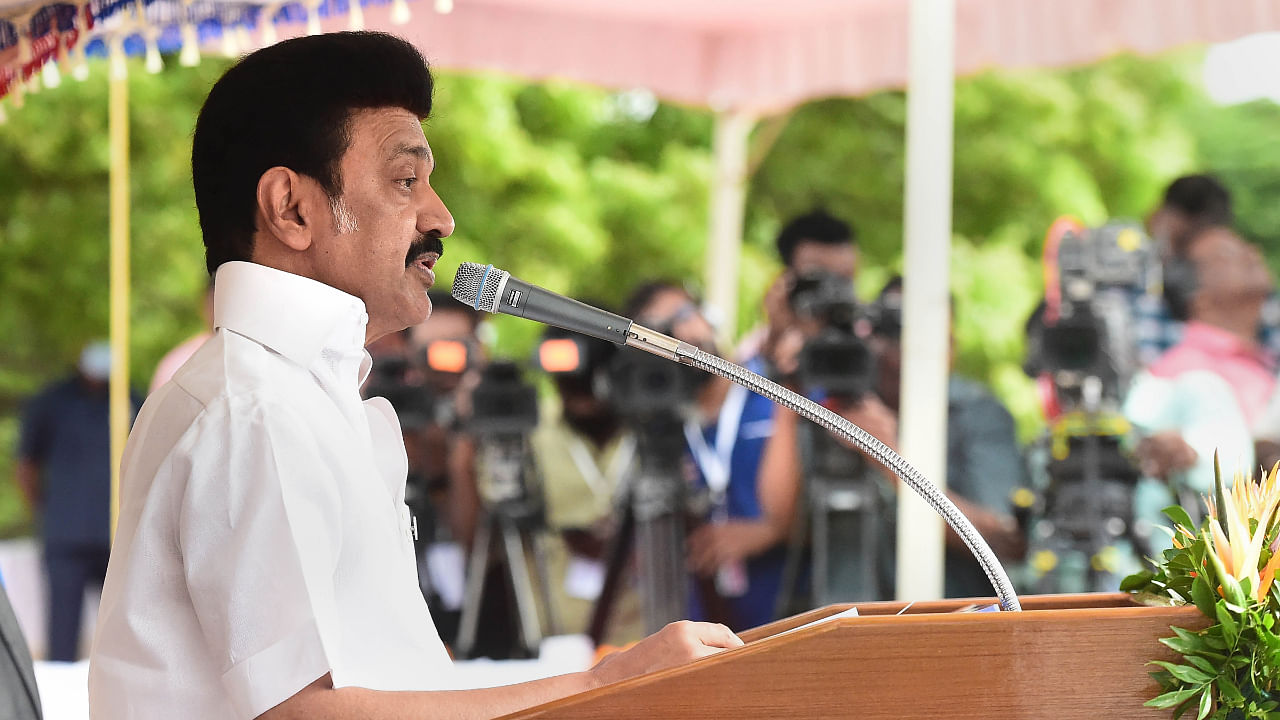 M K Stalin addresses the 76th Independence Day celebrations at Fort St George, in Chennai, Monday, August 15, 2022. Credit: PTI Photo