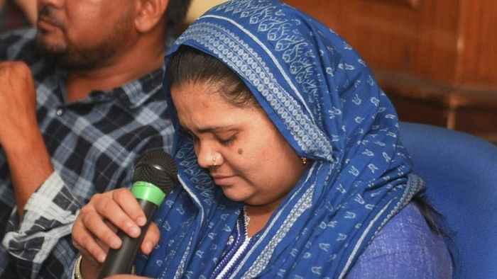  Bilkis Bano, who was gang-raped during the 2002 riots, gets emotional while addressing a press conference, in New Delhi, Wednesday, April 24, 2019. Credit: PTI Photo