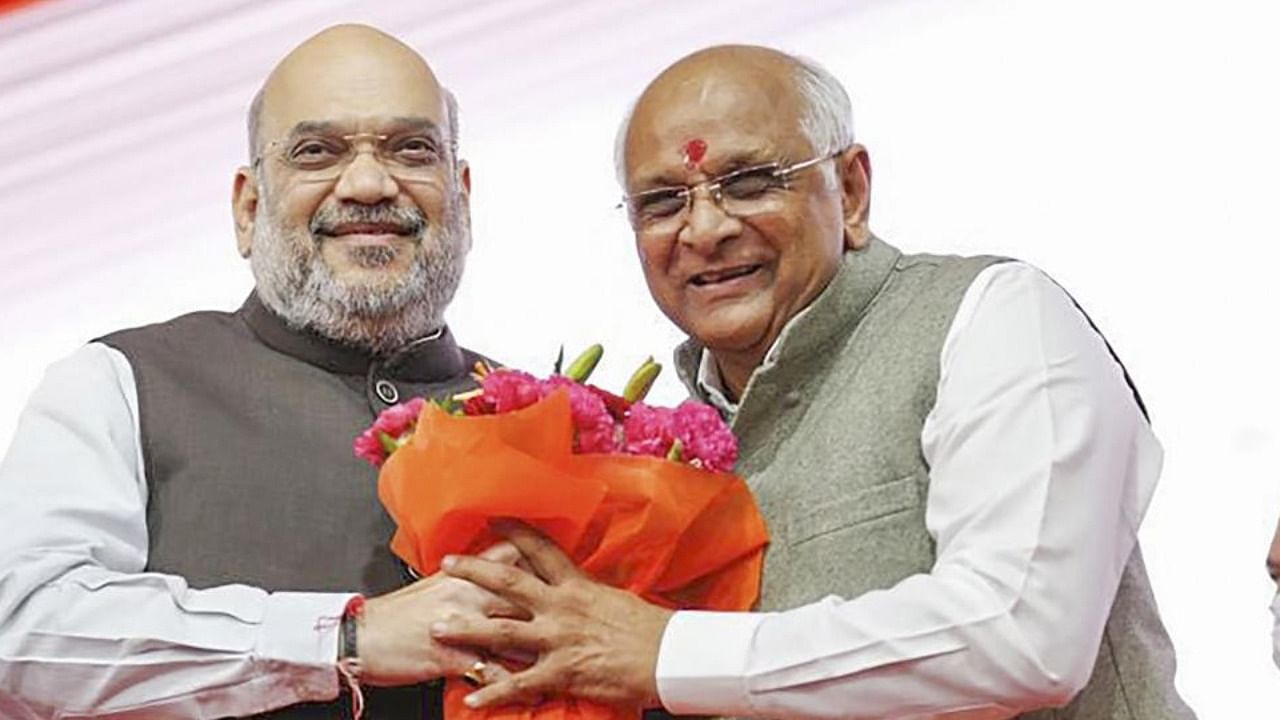 Union Home Minister Amit Shah with Chief Minister of Gujarat Bhupendra Patel. Credit: PTI Photo
