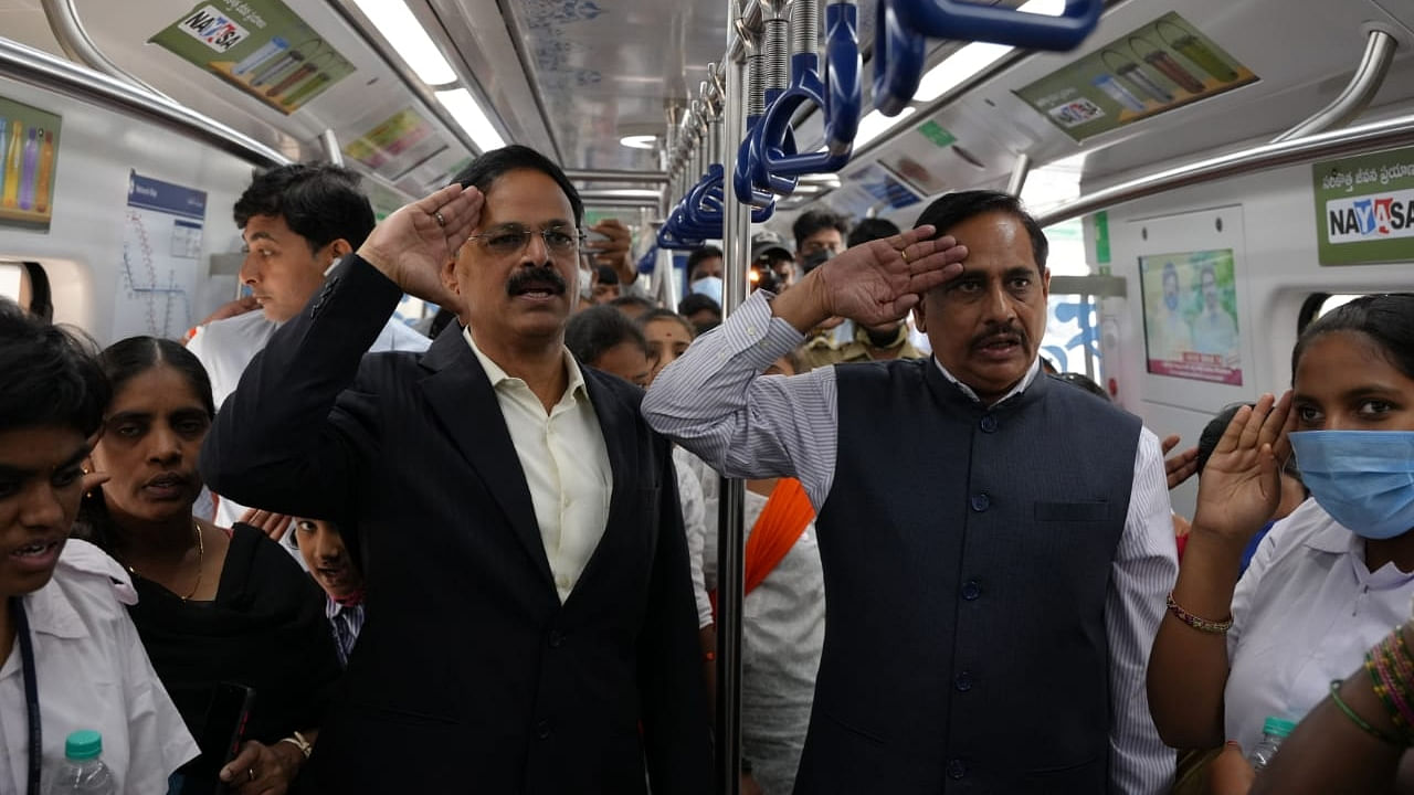 People observe Independence Day on board Hyderabad metro trains on August 15, 2022. Credit: IANS Photo