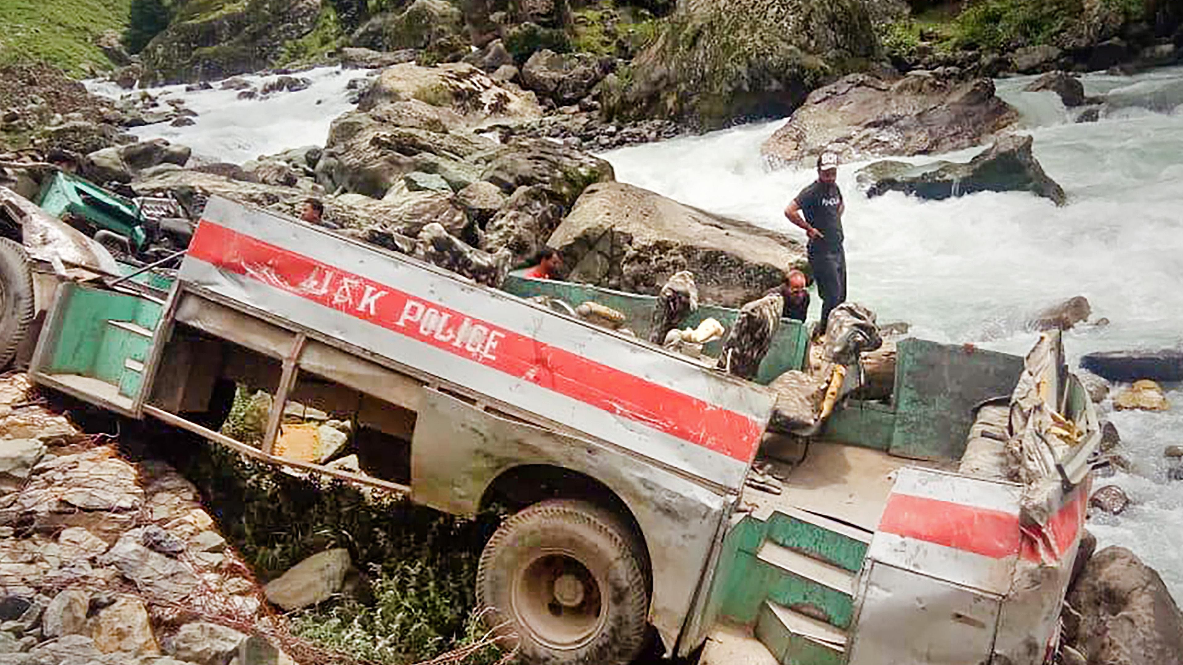 Six ITBP personnel and a policeman died while 32 others  who were returning from Amarnath Yatra duty  sustained injuries on Tuesday when the bus fell in deep gorge in Pahalgam. Credit: PTI Photo