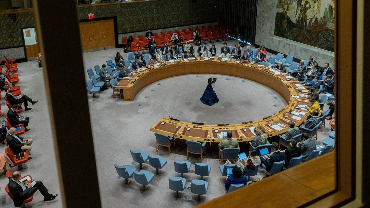 The United Nations Security Council meets about the maintenance of peace and security of Ukraine, at United Nations Headquarters in Manhattan. Credit: Reuters Photo