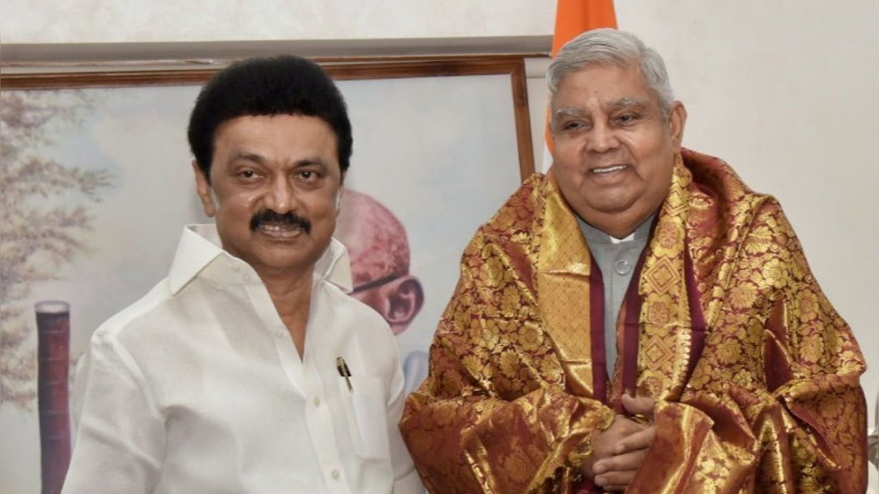 Vice President Jagdeep Dhankhar meets Tamil Nadu Chief Minister M K Stalin at Rashtrapati Bhavan in New Delhi. Credit: IANS Photo