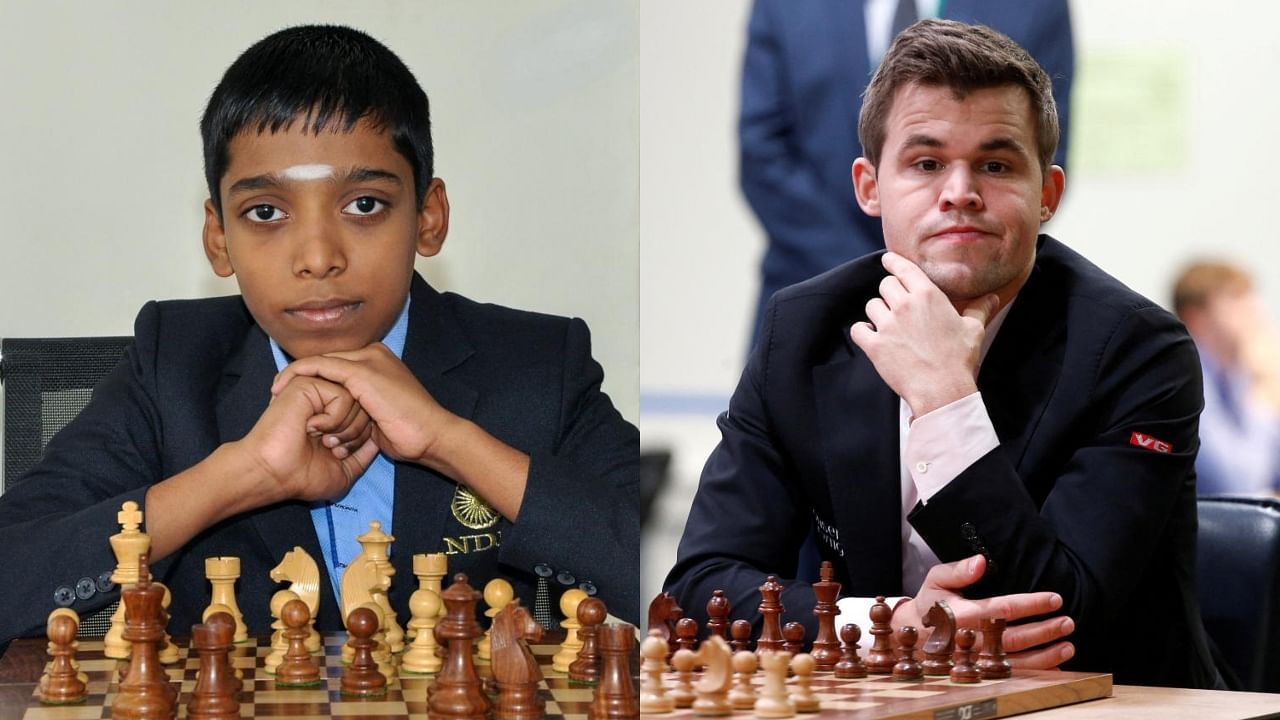 Praggnanandhaa, Carlsen. Credit: PTI, Reuters