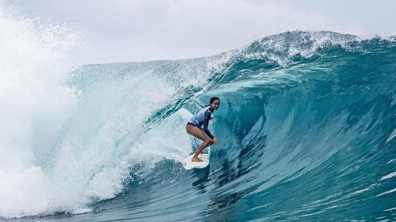 France's Vahine Fierro competes in the Outerknown Tahiti Pro 2022, the Women's WSL Championship Tour, in Teahupo'o, French Polynesia on August 16, 2022. Credit: AFP Photo