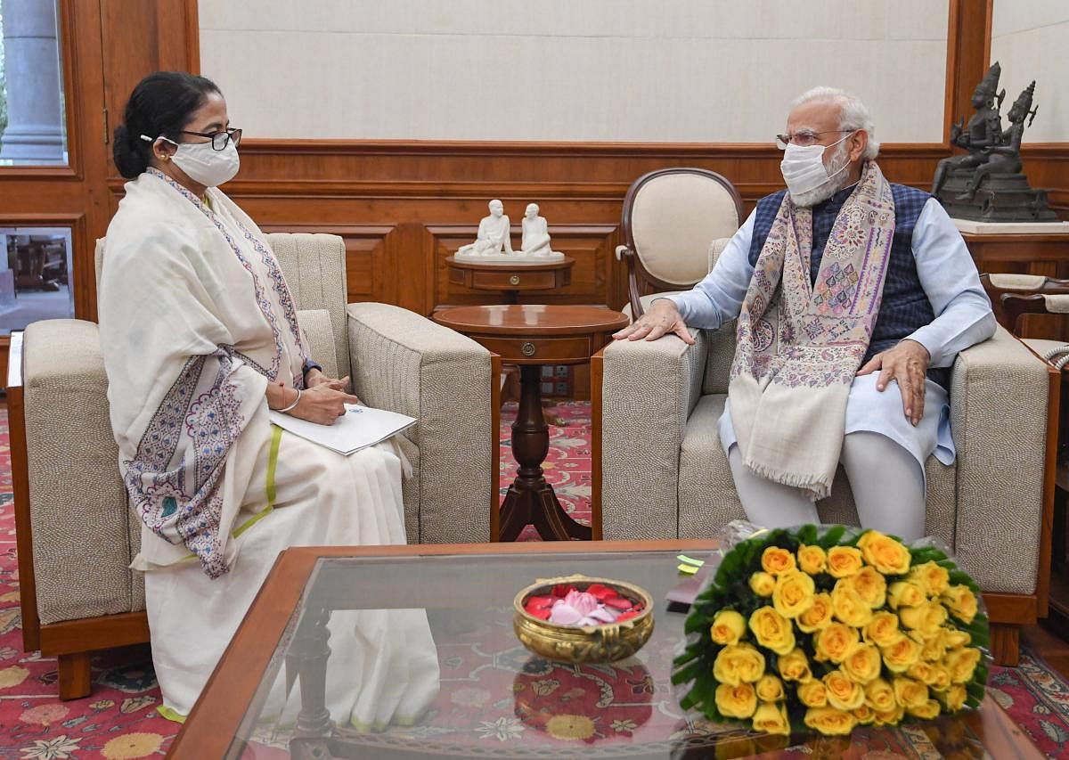 Capital talkPrime Minister Narendra Modi meets West Bengal CM Mamata Banerjee in New Delhi on Wednesday. Mamata raised the issue of the BSF's territorial jurisdiction in the state. Credit: PTI File Photo