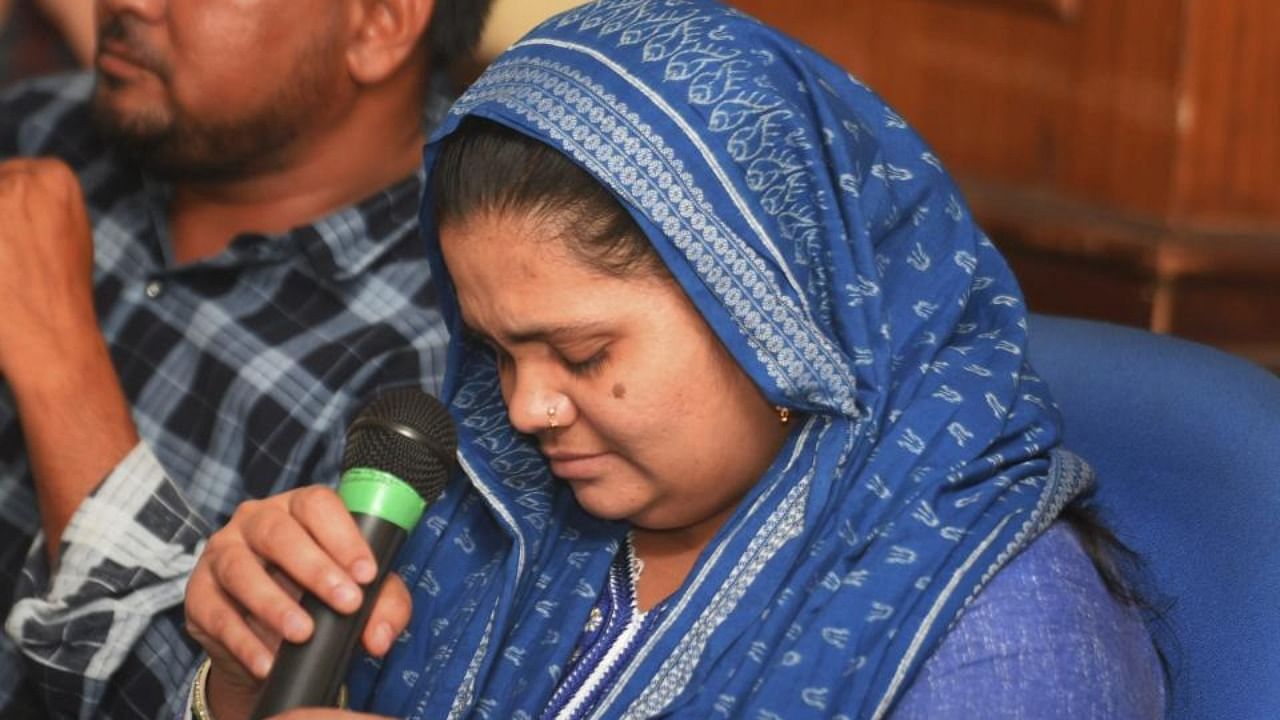  Bilkis Bano, who was gang-raped during the 2002 riots, gets emotional while addressing a press conference, in New Delhi, Wednesday, April 24, 2019. Credit: PTI Photo