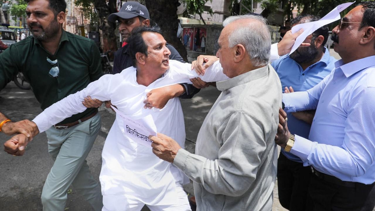 Social activists being detained during a protest against the release of eleven people convicted for rape and murder in the Bilkis Bano case of the 2002 post-Godhra riots under the Gujarat government's remission policy, in Ahmedabad, Friday, Aug. 19, 2022. Credit: PTI Photo