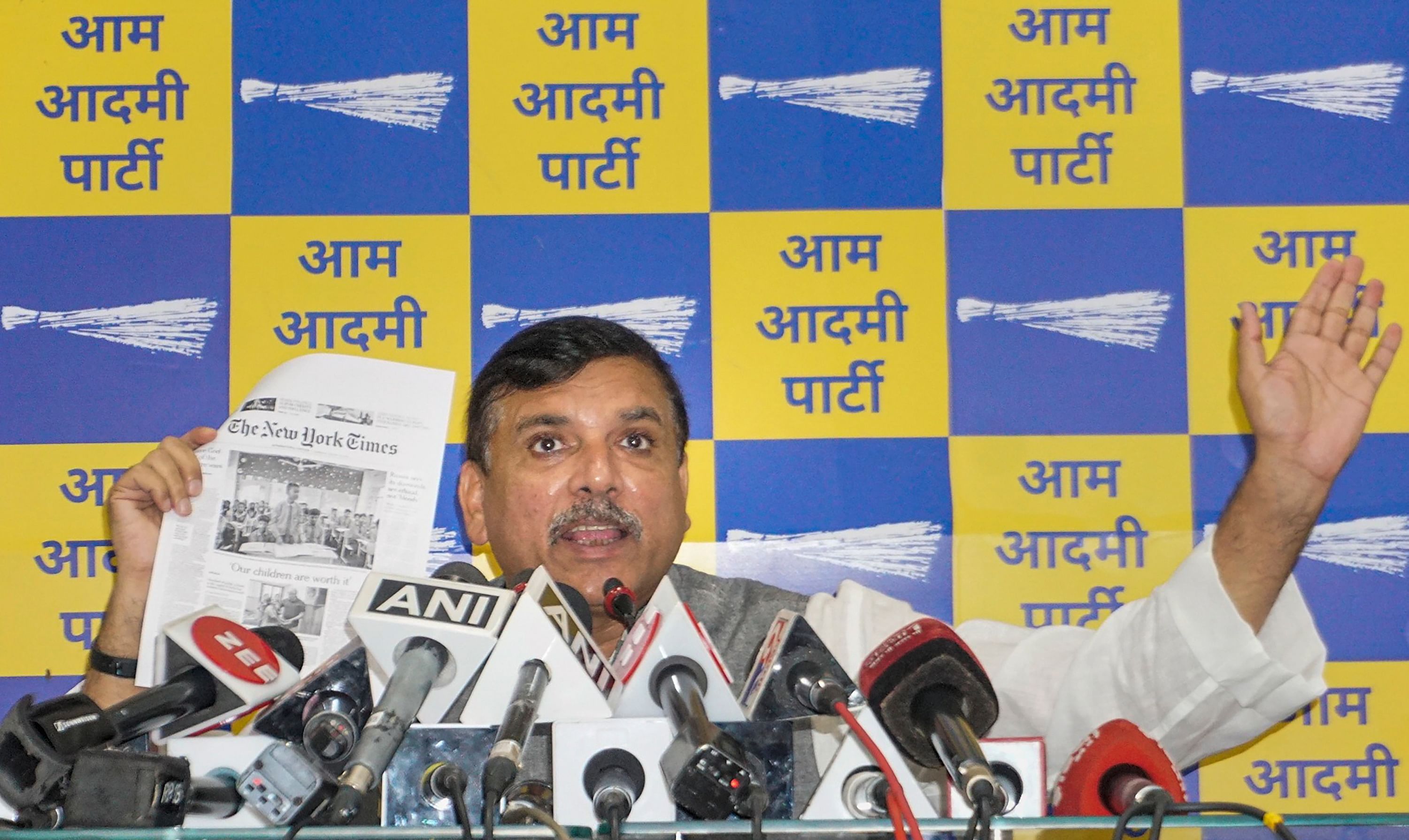 AAP MP Sanjay Singh addresses a press conference after Central Bureau of Investigation (CBI) conducted a raid at the residence of Delhi Deputy Chief Minister Manish Sisodia in connection with alleged irregularities in Delhi Excise Policy. Credit: PTI Photo