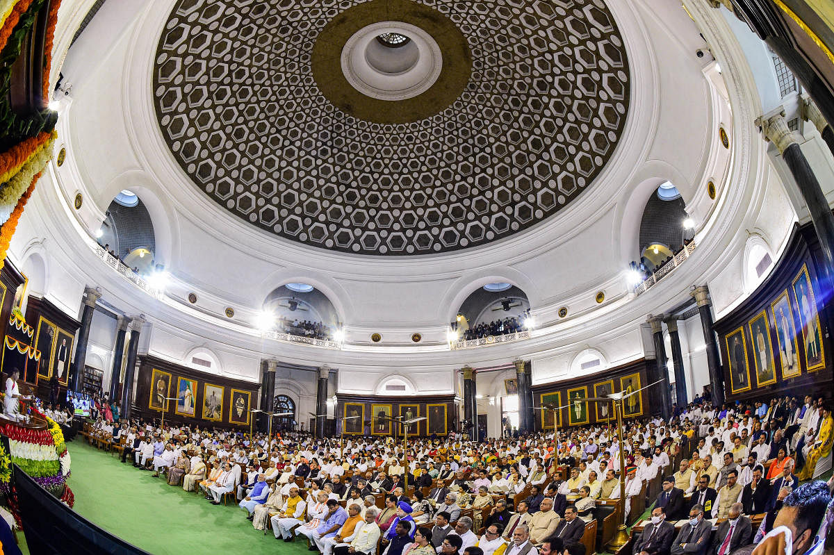 President Droupadi Murmu addresses Parliamentarians and other dignitaries after taking the oath of office, in the Central Hall of Parliament, in New Delhi. Credit: PTI File Photo