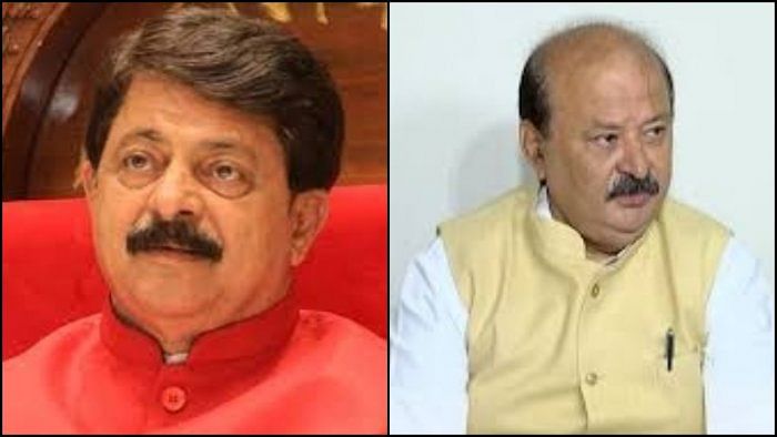 Gujarat cabinet ministers Rajendra Trivedi (left) and Purnesh Modi (right). Credit: IANS Photos