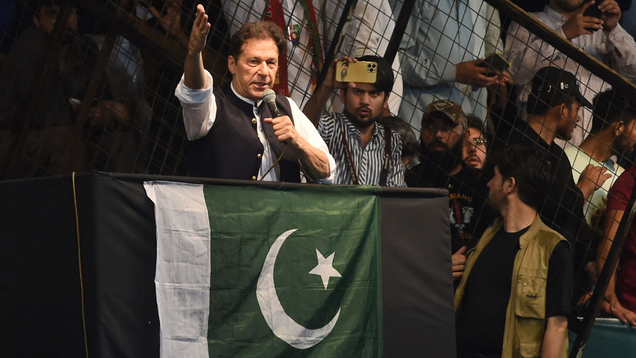 Imran Khan delivers a speech to his supporters during a rally celebrate the 75th anniversary of Pakistan's independence day in Lahore on August 13, 2022. Credit: AFP Photo