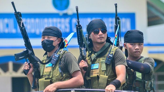 NSCN-IM personnel during the 76th Naga Independence Day celebrations at Hebron, on the outskirts of Dimapur. Credit: PTI Photo