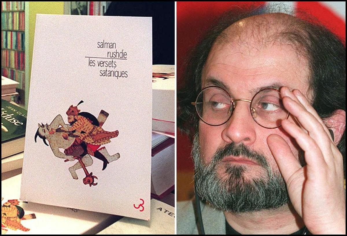 In this file combo photo, India-born British writer Salman Rushdie looks on during a press conference on February 12, 1997 in Paris (R); and a specimen of the French edition of his book "The Satanic Verses". Credit: AFP Photo